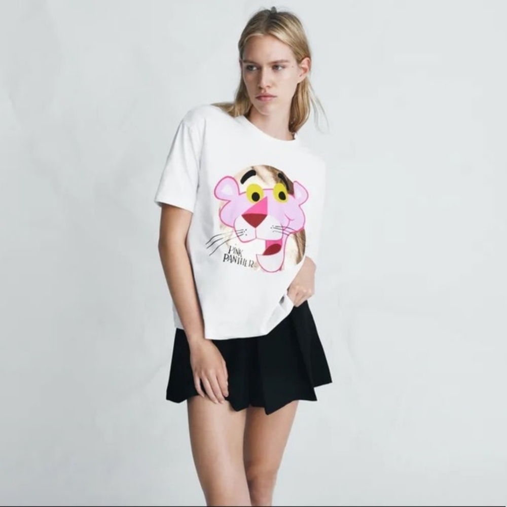 NWT Zara x Pink Panther Metallic Print White T-Shirt